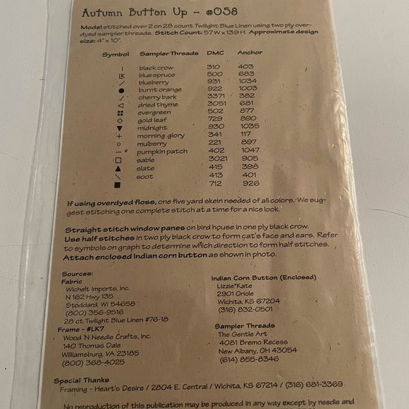 Lizzie Kate Autumn Button Up Counted Cross Stitch Chart, NIP. - Picture 3 of 3